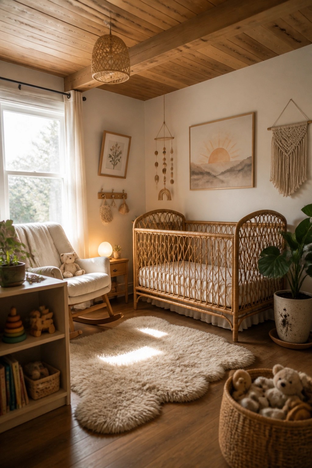 A bright nursery with exposed wooden ceiling planks and beams, a rattan crib, white rocking chair, fluffy rug, and various toys and plants.