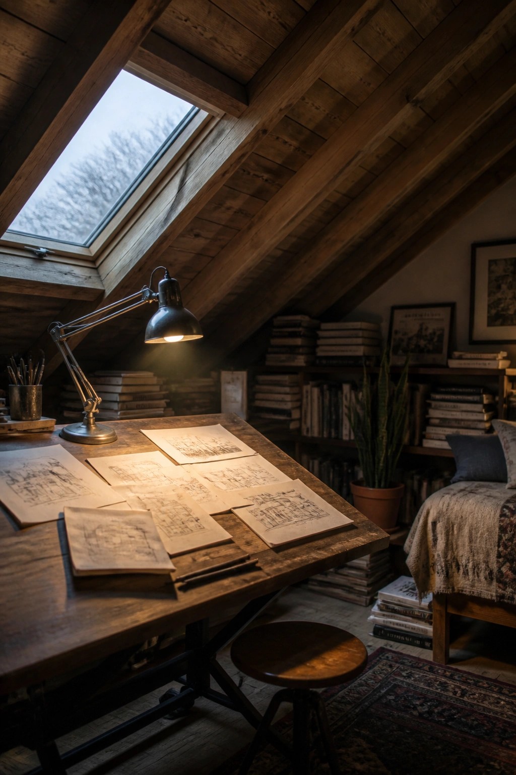 An attic room with a sloped wooden ceiling, a desk covered in sketches under a lit lamp, stacks of books, and a skylight.