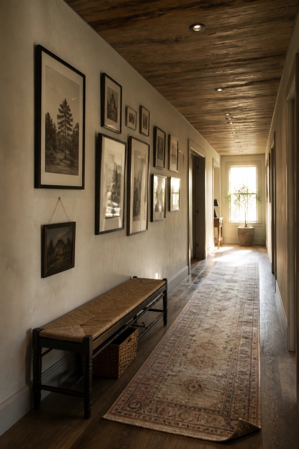 A long interior hallway with a wooden plank ceiling, light walls lined with framed black and white artwork, a woven bench with a basket underneath, and a patterned runner rug on dark wood floors.