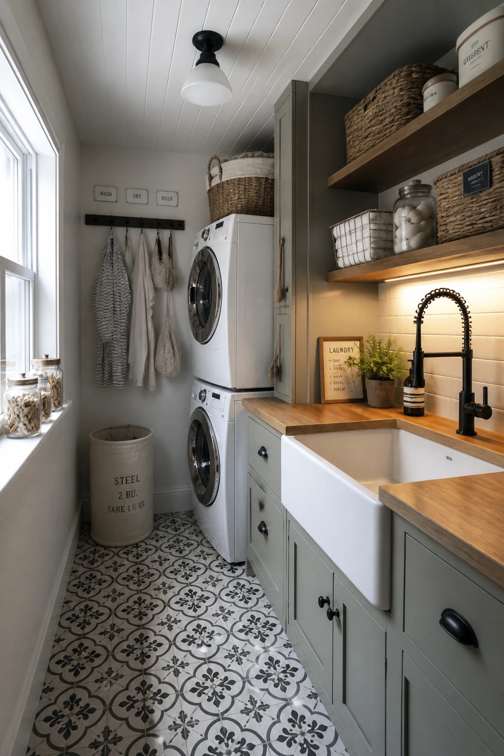 A narrow laundry room with white wood plank ceiling, gray lower cabinets, a white farmhouse sink, black faucet, stacked white washer and dryer, and patterned tile floor.