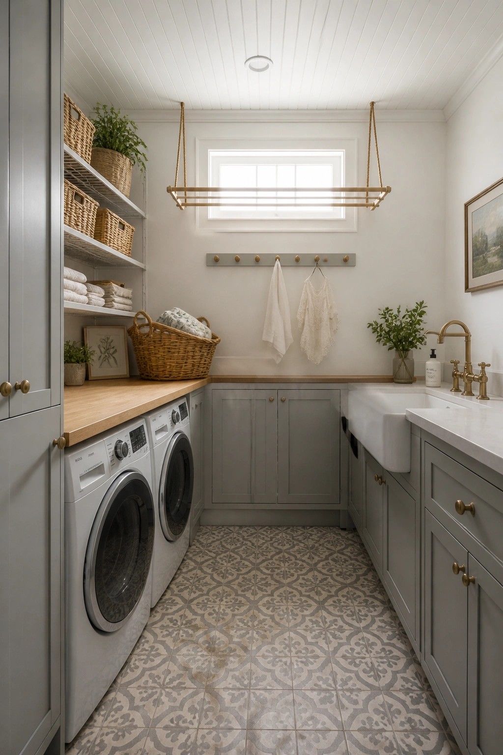 A narrow laundry room with gray cabinetry, two front-loading washers, patterned tile flooring, open shelving with baskets, and a bright white wood beadboard ceiling above a small window.