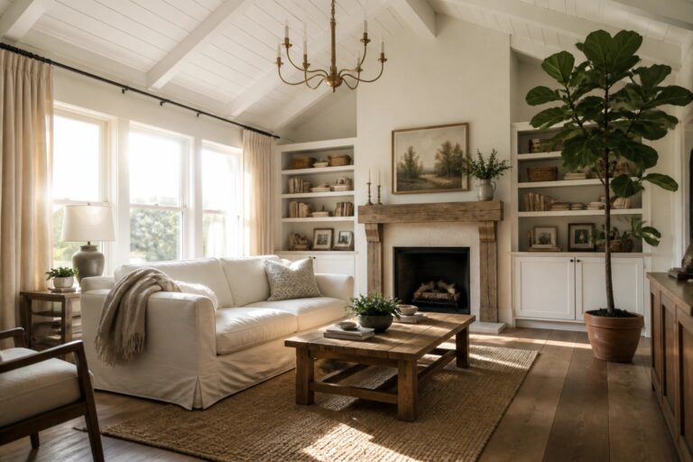 Cozy living room with white sofa, rustic fireplace, bookshelves, and chandelier