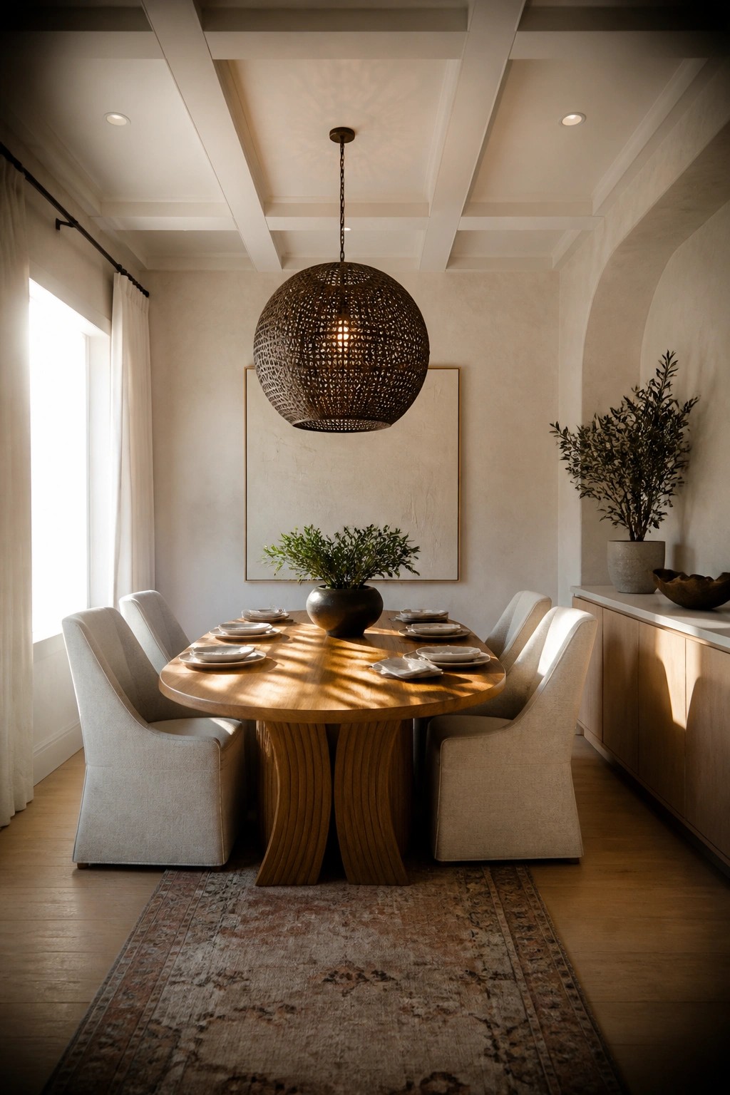 Round wooden dining table with beige chairs under woven spherical pendant in sunlit neutral room.