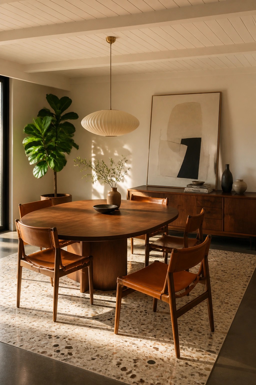 A dining room with a round wooden table, four leather chairs, a white paneled ceiling, and a large abstract painting on the wall.