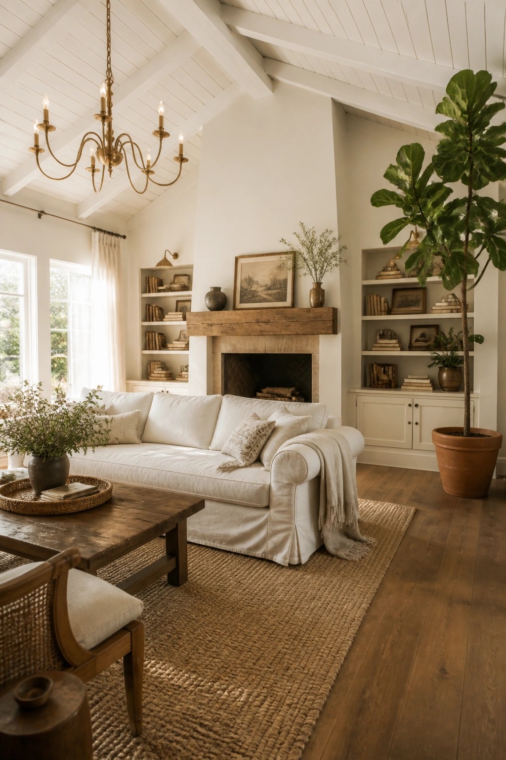 Cozy living room with white sofa, rustic fireplace, bookshelves, and chandelier