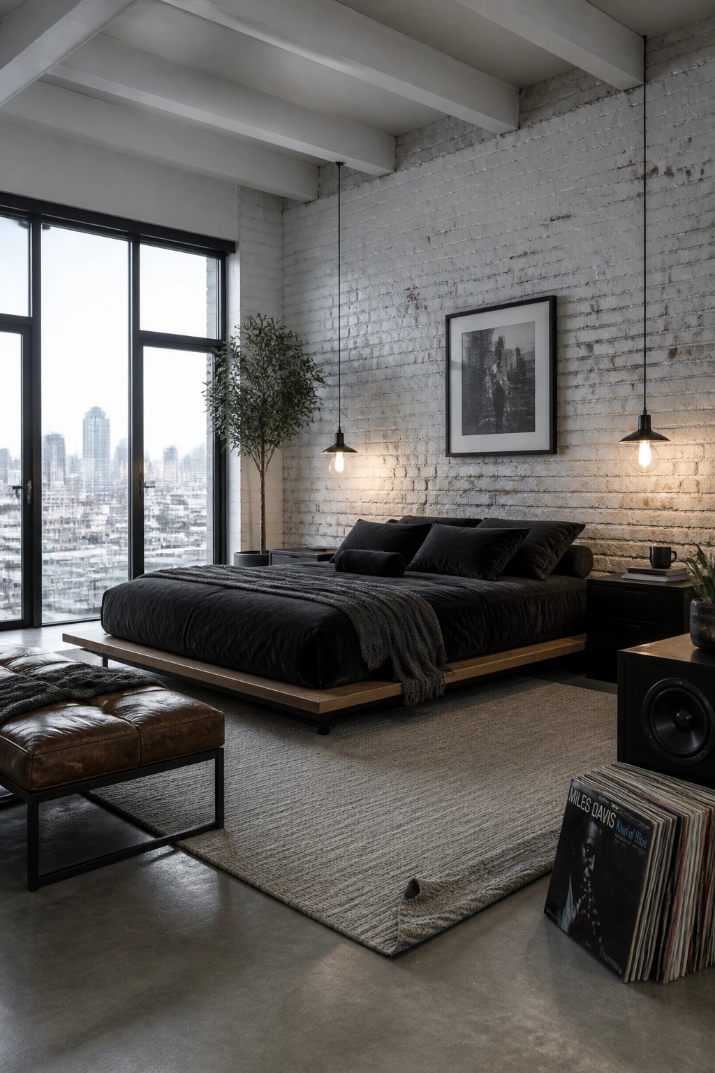A modern bedroom features a low platform bed with dark bedding against a white brick wall, a white wood ceiling with exposed beams, and large black-framed windows.