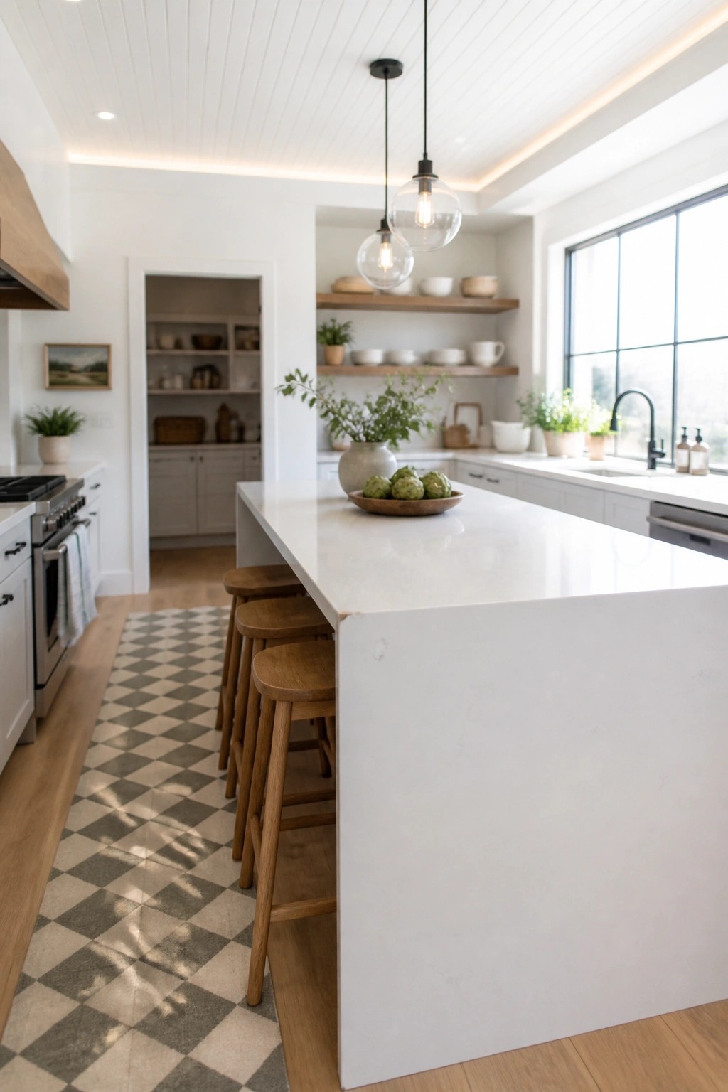 A bright kitchen interior featuring a white paneled wood ceiling, a large white island with wooden stools, and black pendant lights.