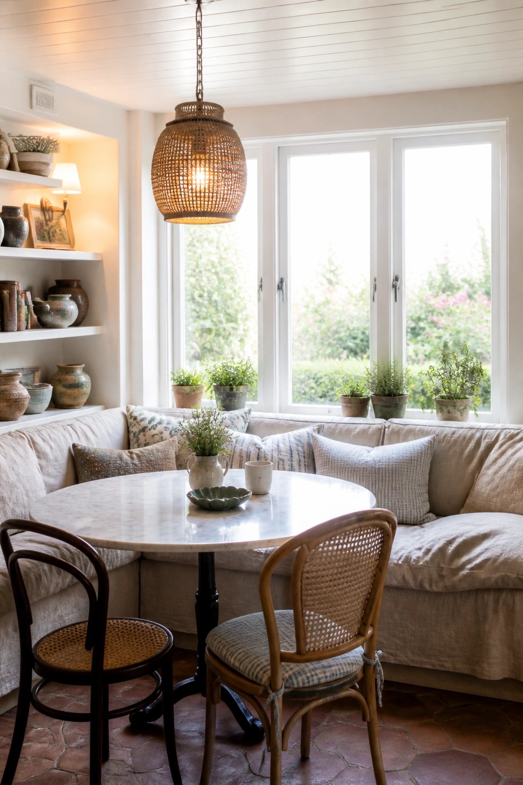 An interior dining nook with a white wood plank ceiling, built-in beige sofa, round marble table, wooden chairs, and large windows.