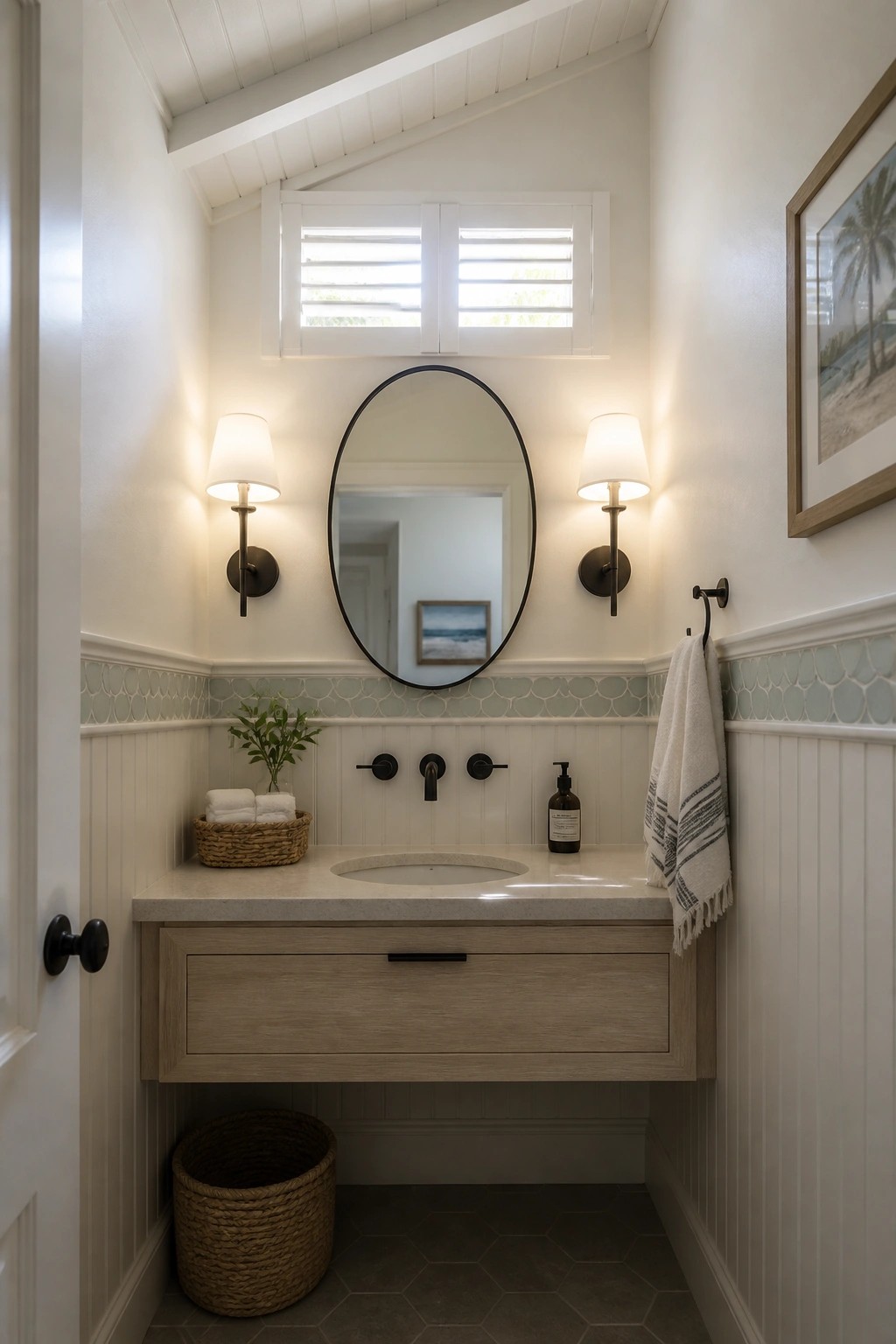 A small bathroom with a bright white wood plank ceiling, round mirror between two sconces, and a floating wood vanity.