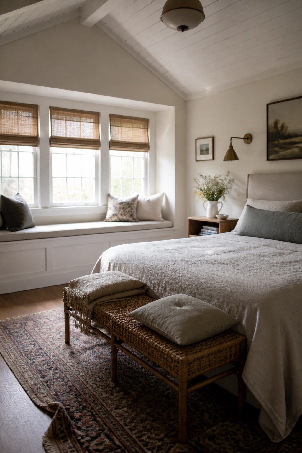 A bedroom interior showing a bright white wood ceiling with exposed beams, a large bed with neutral bedding, and a window seat with cushions beneath three windows.
