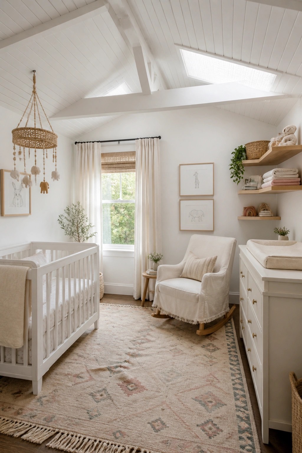 A bright white nursery with a white wood ceiling, exposed beams, a skylight, white crib, rocking chair, and patterned area rug.