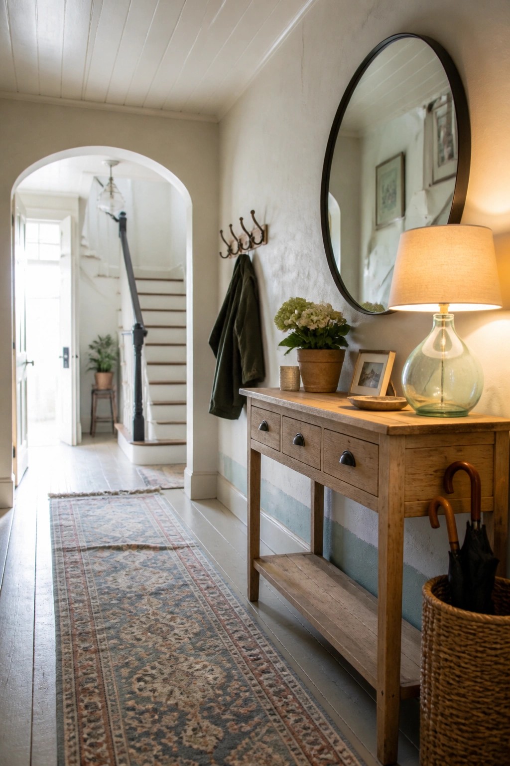 A narrow interior hallway with white wood plank ceiling, arched doorway to stairs, wooden console table, round mirror, and rug on the floor.