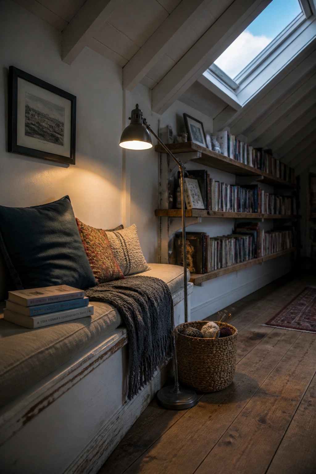 A cozy attic room with white painted wood ceiling and exposed beams, a skylight, built-in bench seating with pillows and books, wooden bookshelves, and a floor lamp.