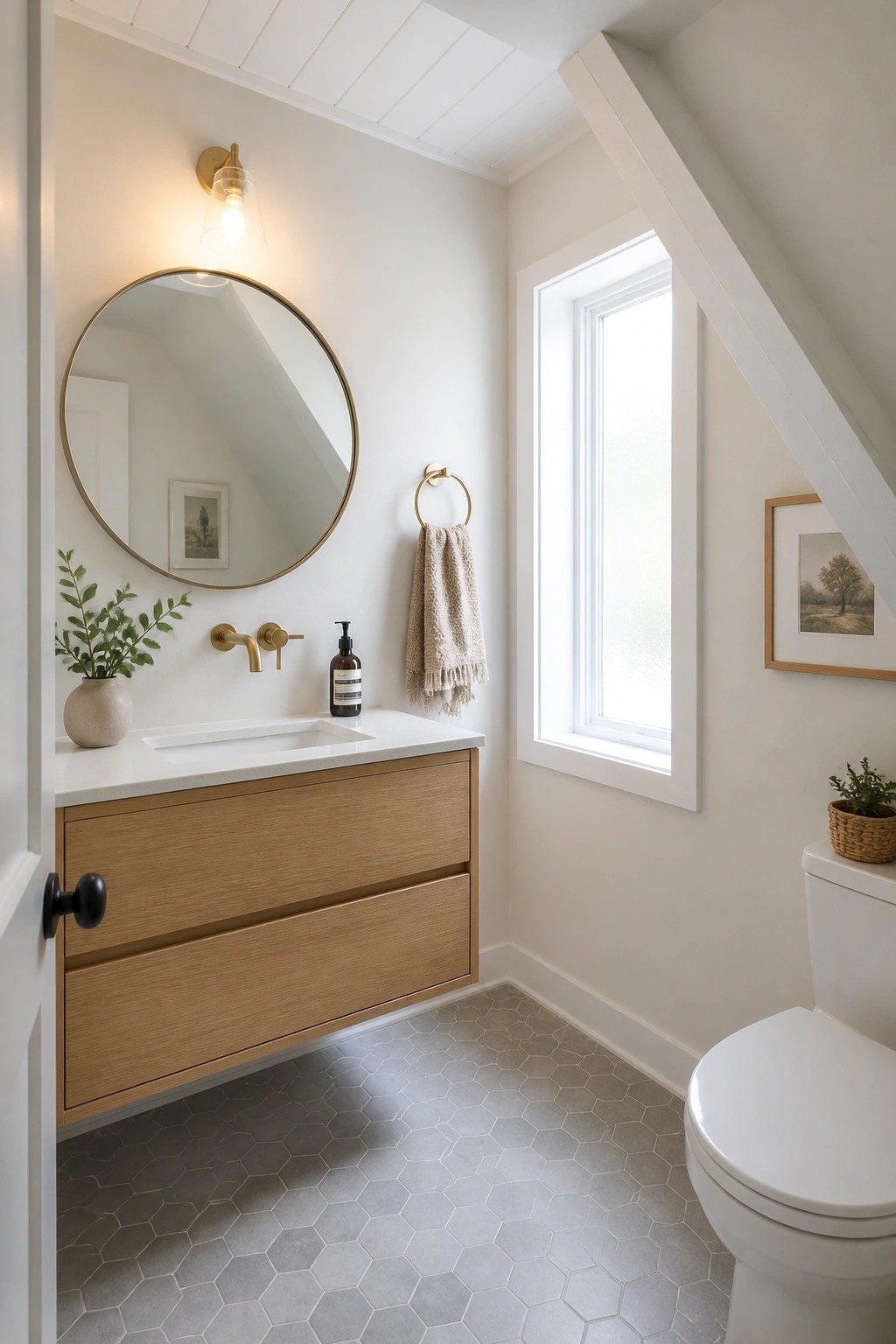 A small bathroom with a white wood paneled ceiling, floating light wood vanity, round mirror, and white toilet beside a window.