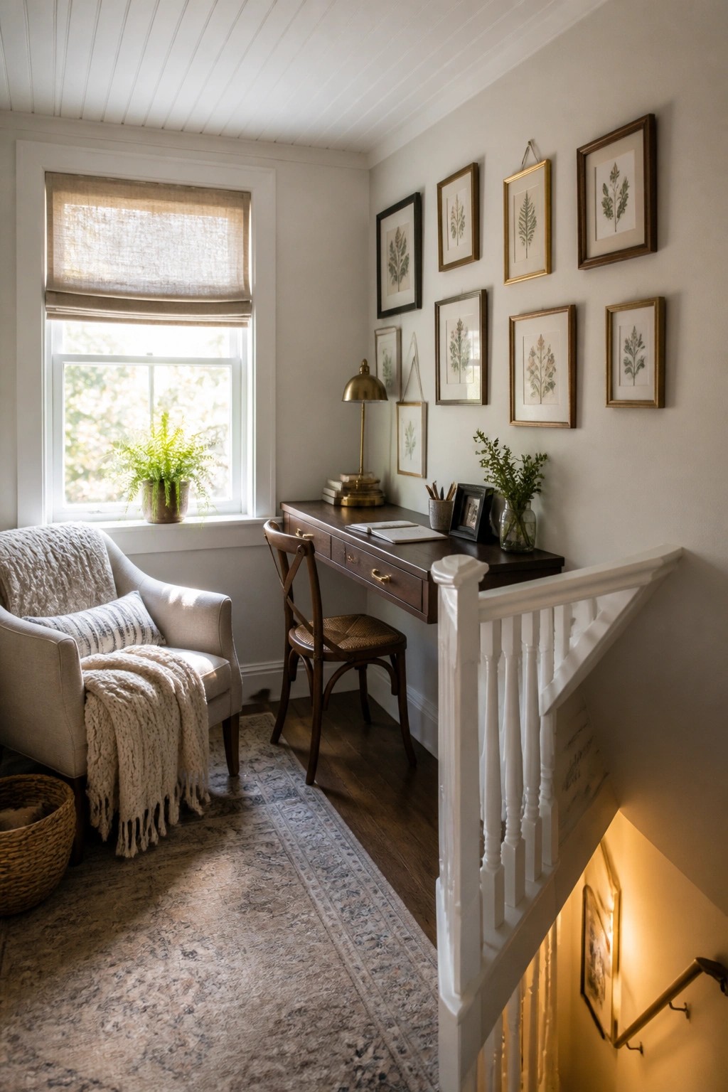 A compact home office with a white wood plank ceiling, dark wood desk against the wall, and an armchair near a window.