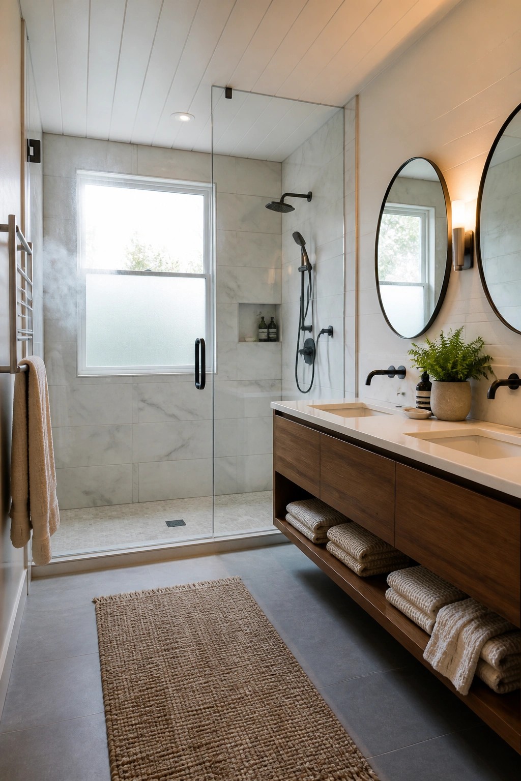 Modern bathroom interior with white wood plank ceiling, marble tiled shower enclosure, and dark wood double vanity with round mirrors.