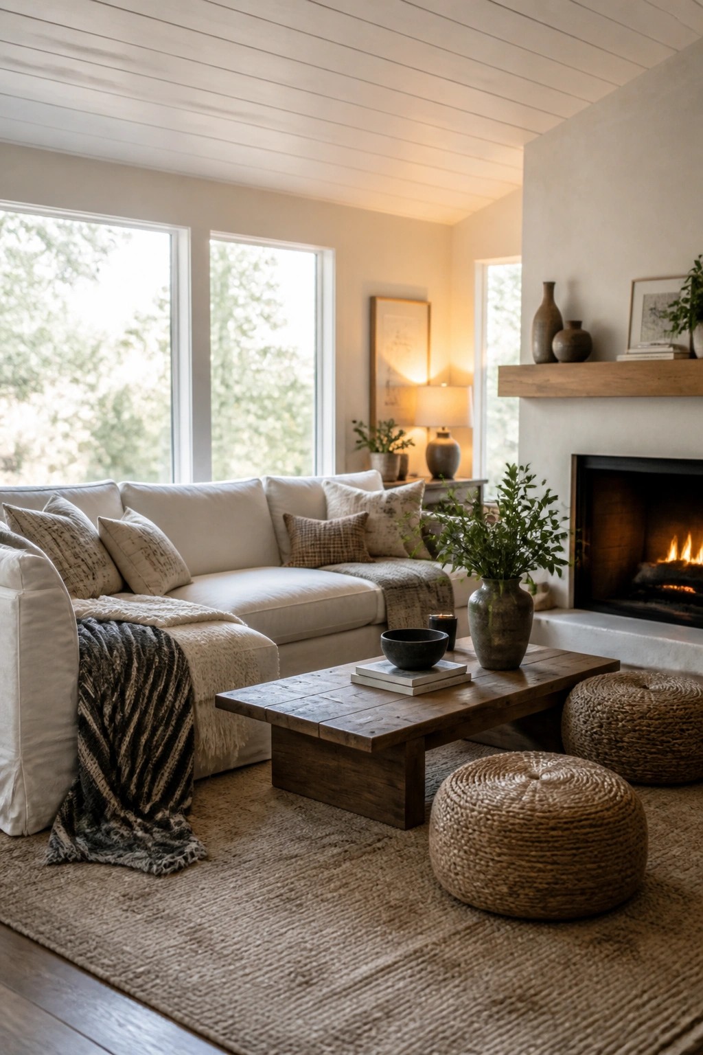 A bright living room with white wood plank ceiling, large windows, white sectional sofa, wooden coffee table, woven poufs, and a lit fireplace.