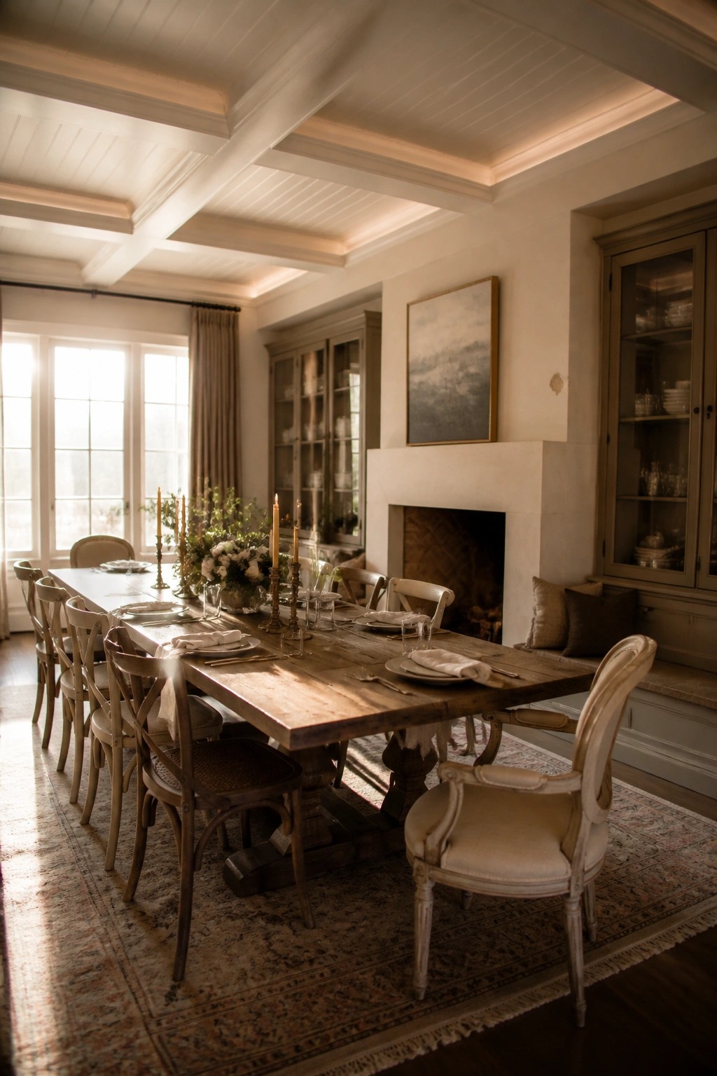 A dining room with a long wooden table set for a meal, surrounded by mixed wooden chairs, under a white paneled wood ceiling with a fireplace and glass cabinets along the wall.