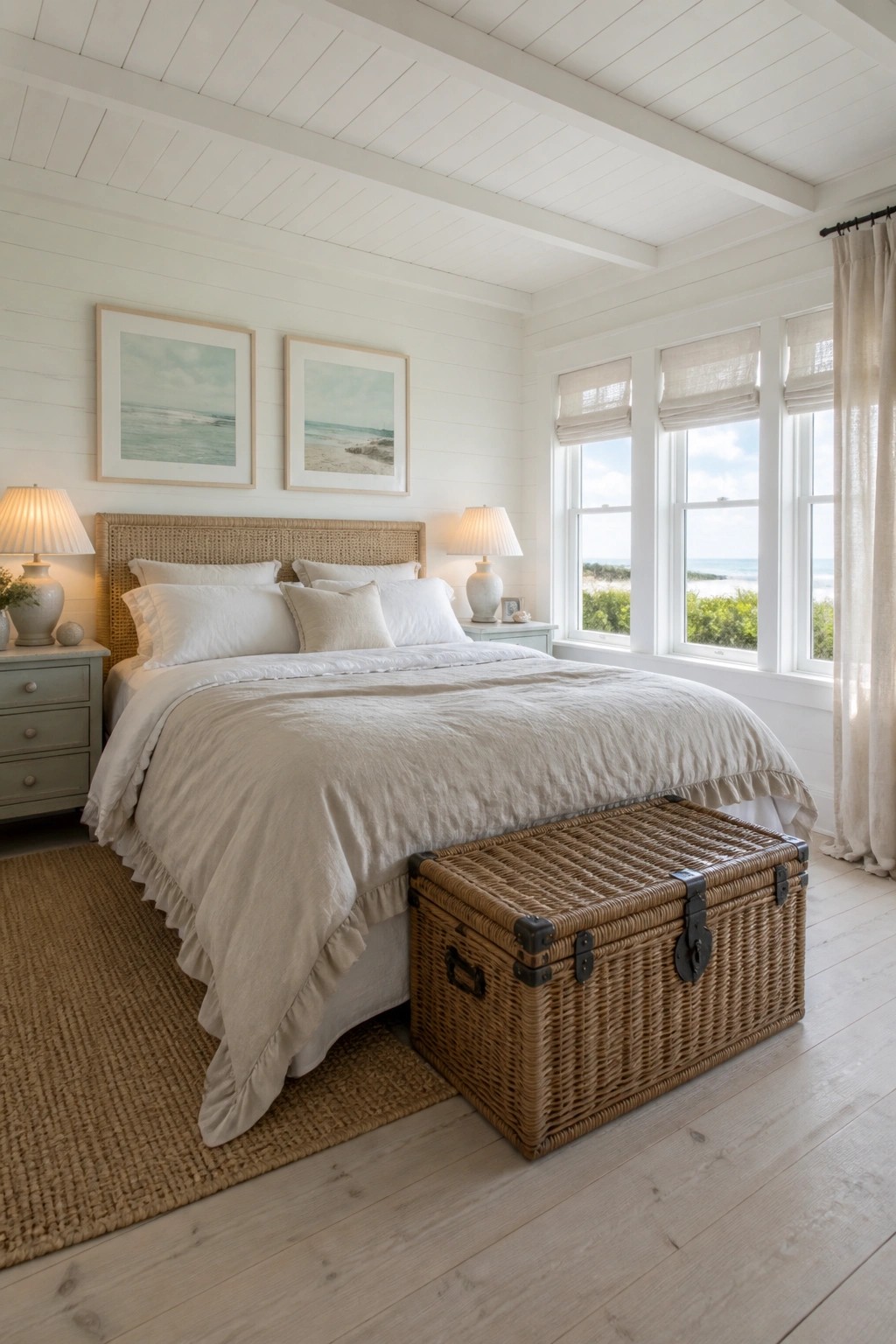 A bedroom featuring white painted wood plank ceilings, a bed with beige and white linens, two framed beach prints on the wall, and large windows with ocean views.