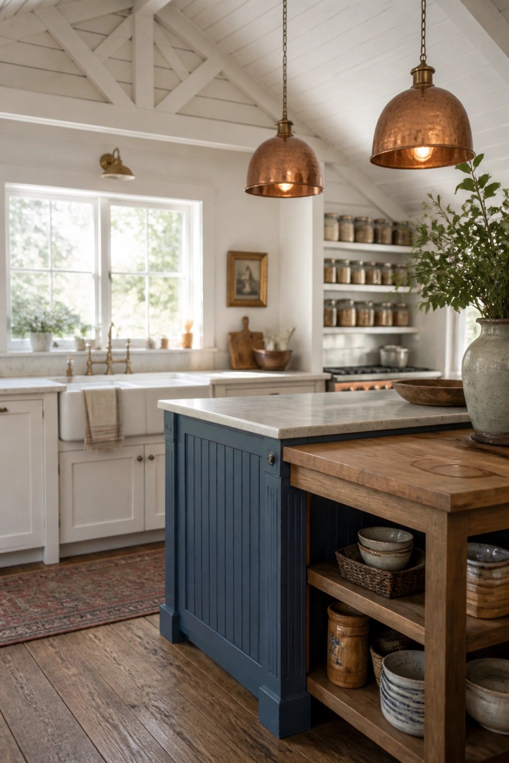 A kitchen with a bright white wood ceiling and exposed beams, a blue island, copper pendant lights, and a window on the left wall.
