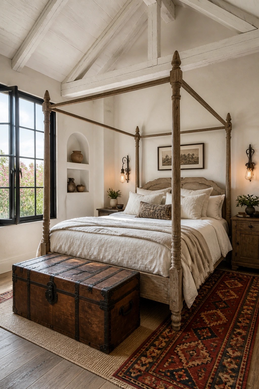 A bedroom with a white wood ceiling and exposed beams above a wooden canopy bed, white bedding, and a large trunk at the foot of the bed.