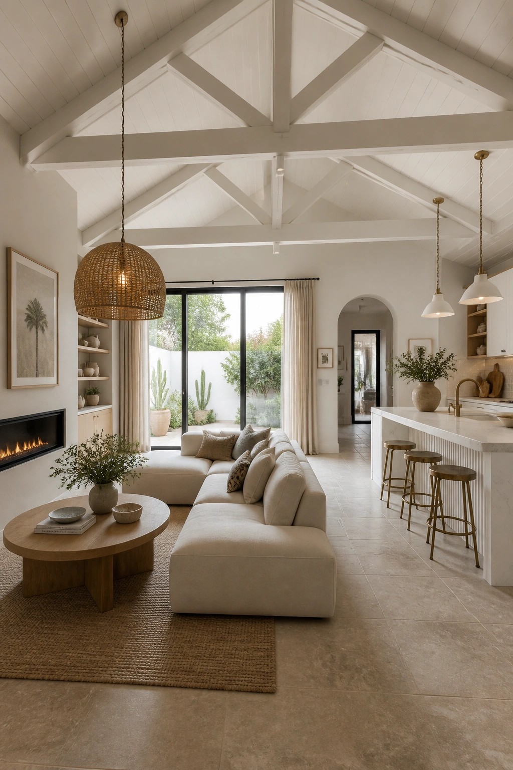 Interior view of a living room and kitchen with a vaulted white wood ceiling, exposed beams, and large glass doors.