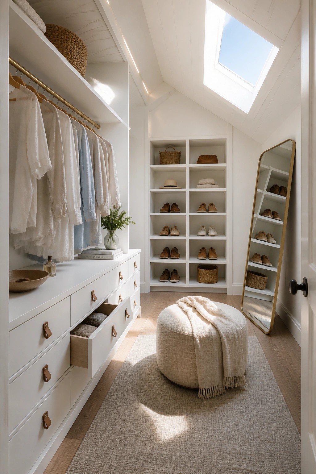 A narrow walk-in closet with white built-in drawers and open shelving, clothing on a gold rod, a full-length mirror, and a round ottoman, all under a white wood ceiling with a large skylight.