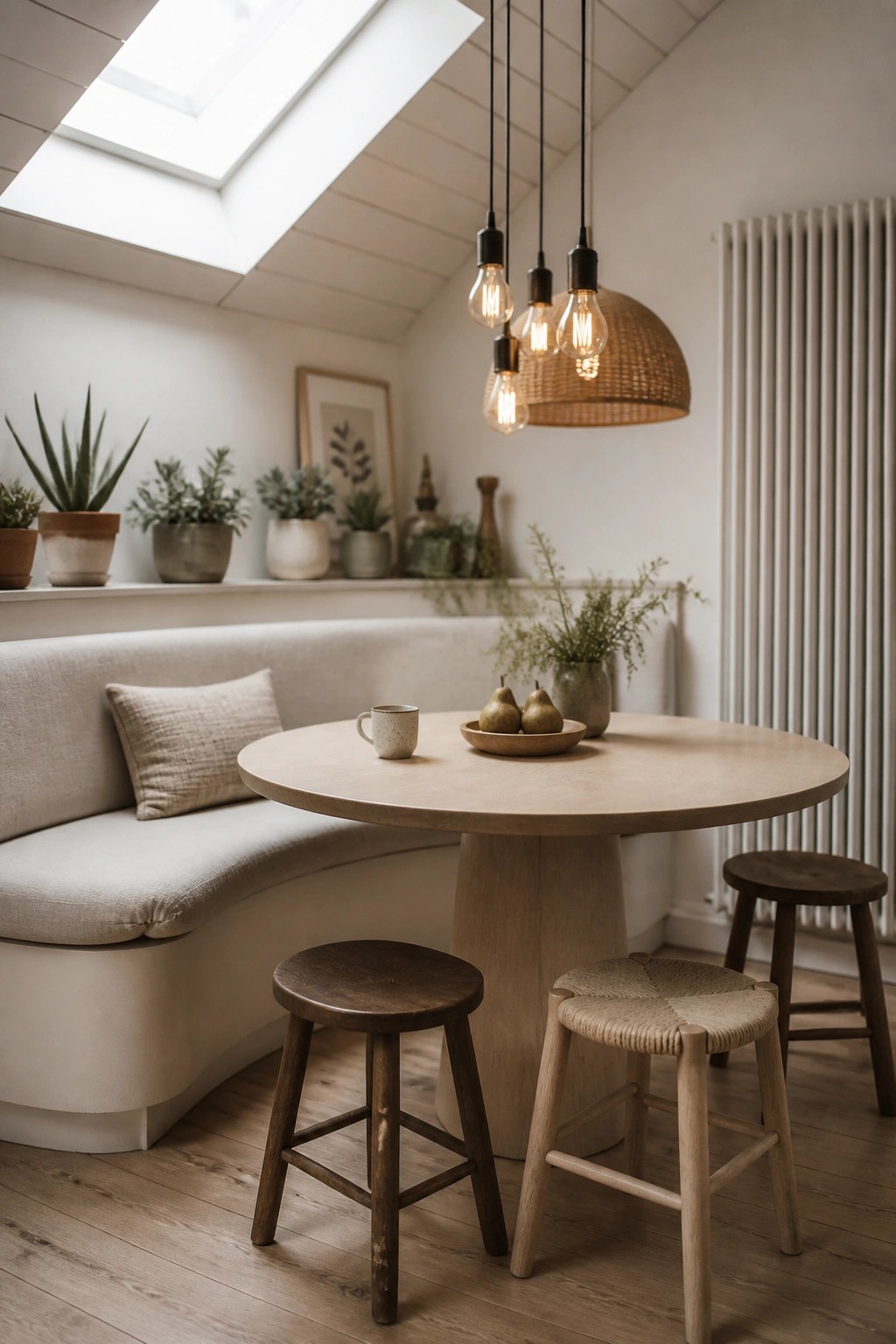 A light-filled dining area with a round wooden table, curved upholstered bench, wooden stools, potted plants on a ledge, and a white wood plank ceiling featuring a large skylight and several hanging pendant lights.
