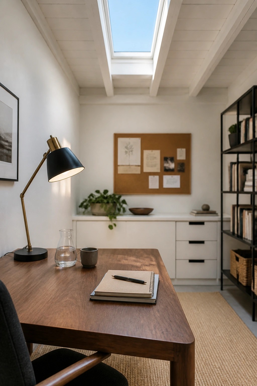 A wooden desk in a home office beneath a bright white wood plank ceiling with exposed beams and a large skylight.