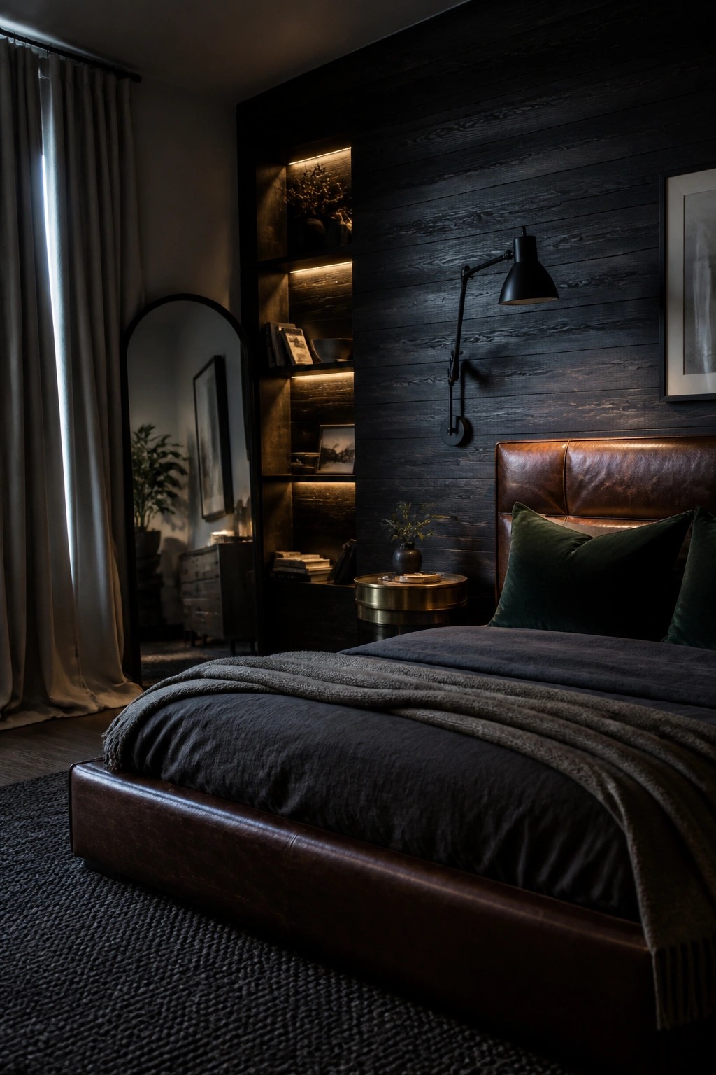 A bedroom featuring a dark wood accent wall behind a bed with a brown leather headboard, dark bedding, and a built-in lit shelf unit to the side.