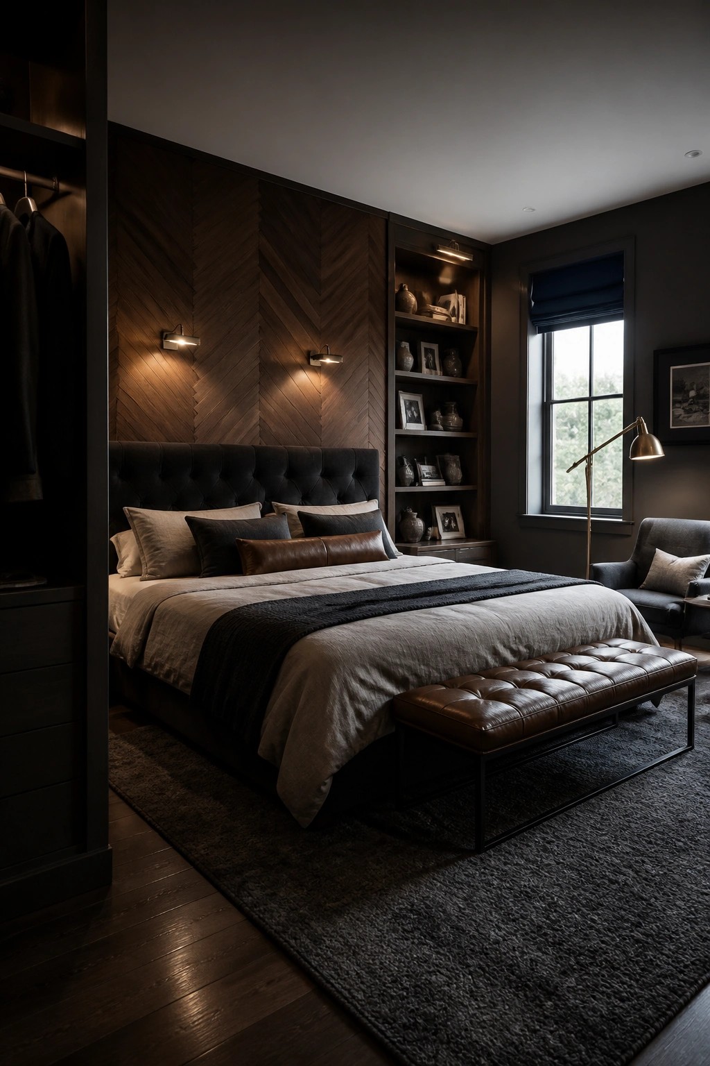 A bedroom with a dark herringbone wood accent wall behind a bed, built-in shelves on the right, and a tufted leather bench at the foot.