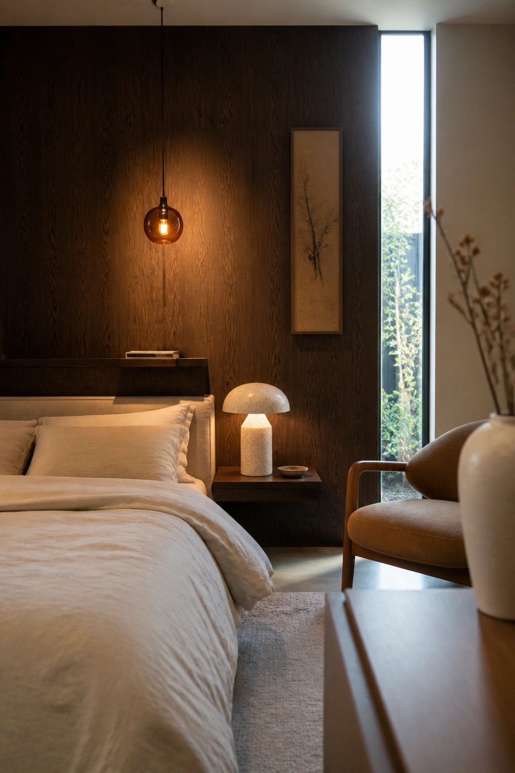 A bedroom with a dark wood accent wall behind a bed with white linens, a hanging amber pendant light, a bedside table with a mushroom lamp, and a tall window on the right.