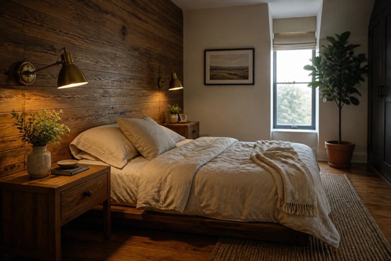 A bedroom featuring a vertical wood plank accent wall behind a bed with white and beige bedding, two brass wall sconces, a window with a potted plant, and a woven rug on the floor.