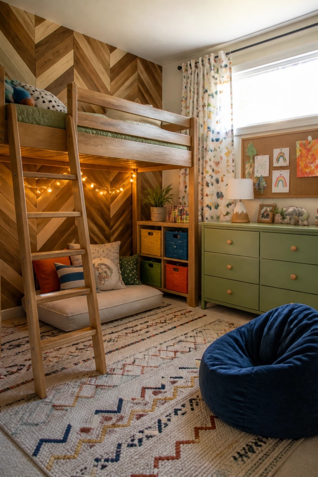 A child's bedroom with a wooden bunk bed, herringbone wood accent wall behind it, green dresser, blue bean bag, and patterned rug.