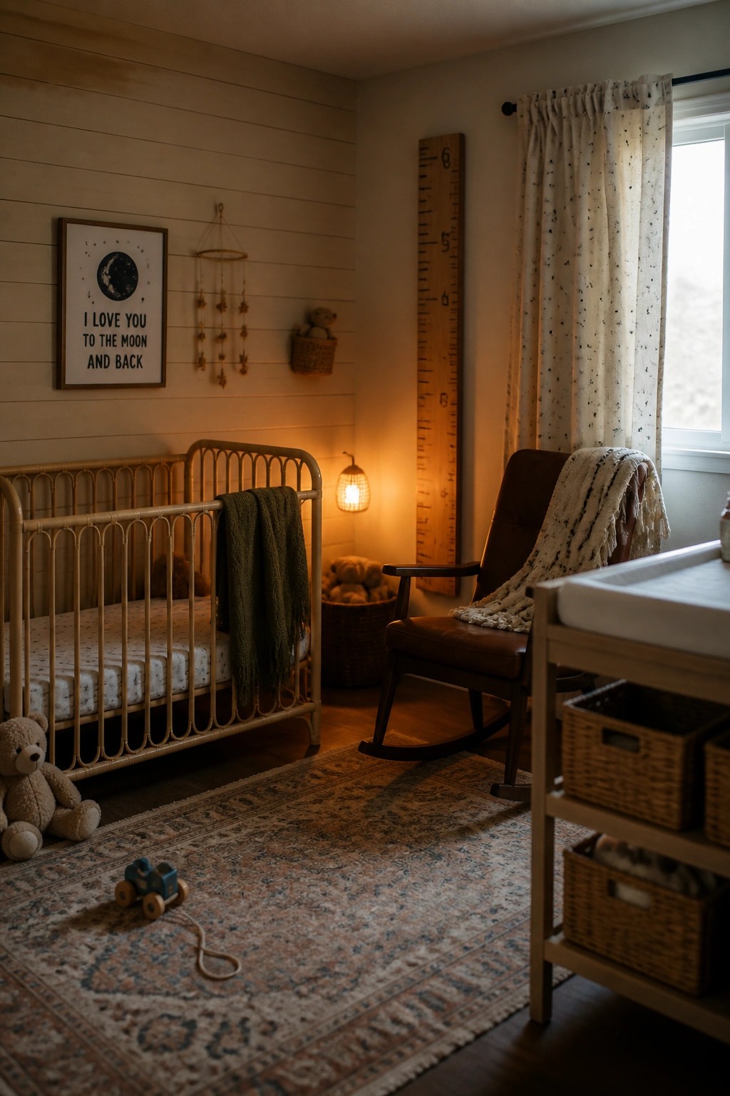 A nursery room with a light horizontal shiplap accent wall, a wooden crib, a brown rocking chair, and a patterned rug on dark wood floors.
