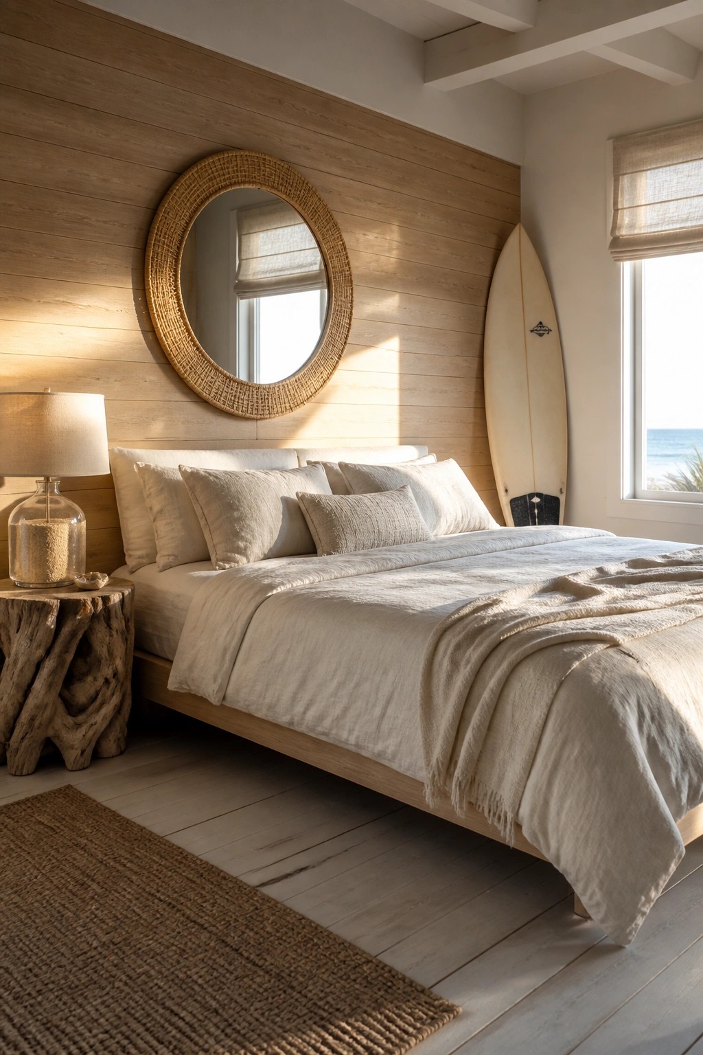 A bedroom featuring a light wood horizontal plank accent wall behind a bed with white bedding and a round woven mirror mounted on the wall.