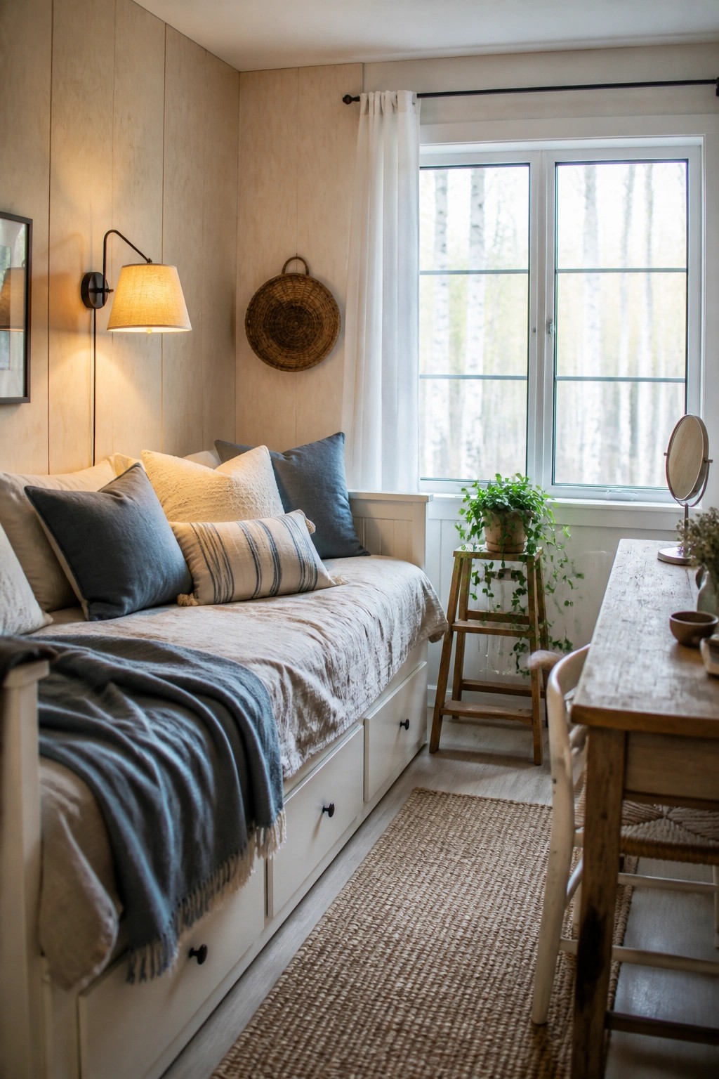 A bedroom corner with light vertical wood walls, a white daybed with pillows and a blue throw, a large window with white curtains, and a wooden table with chairs on a woven rug.