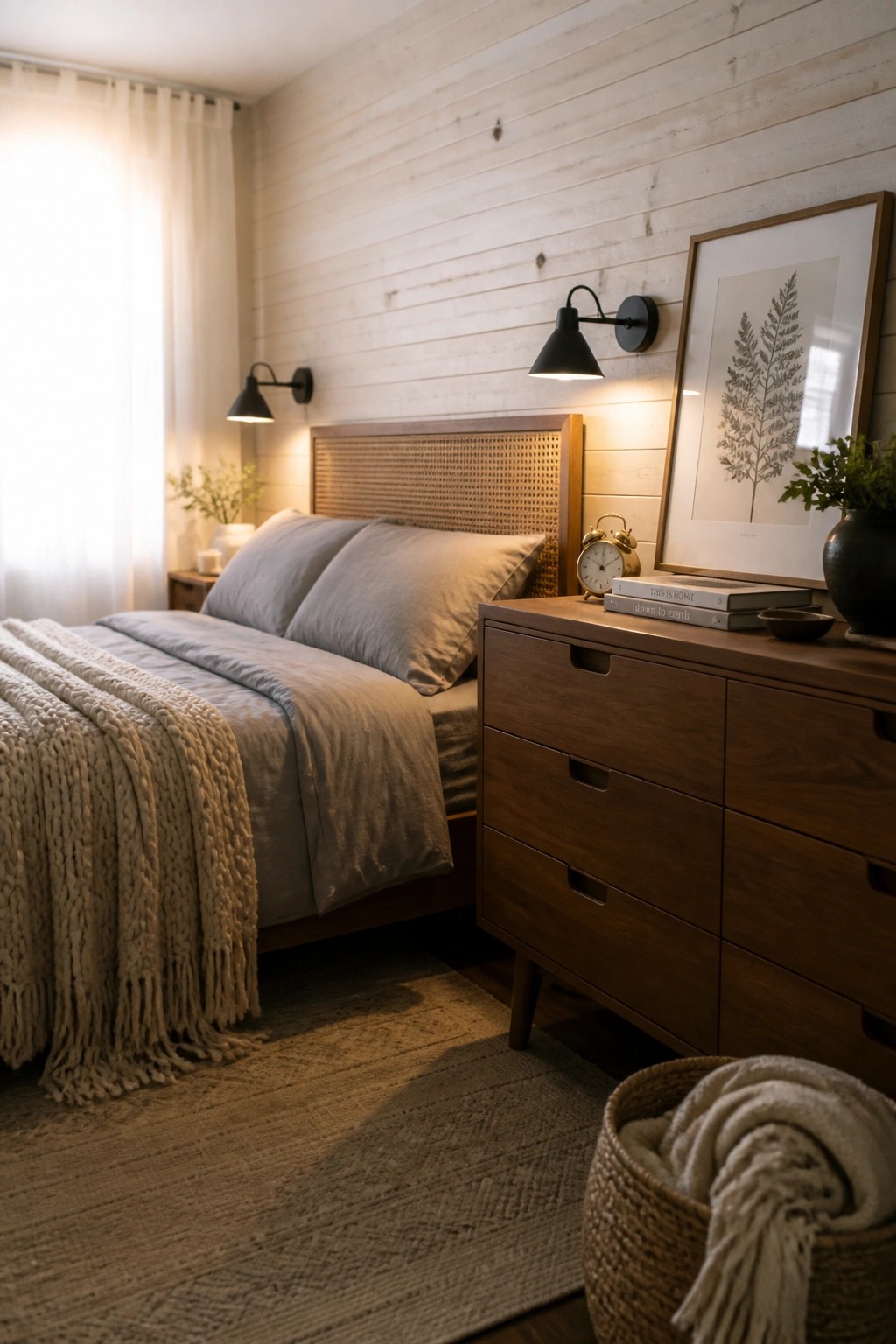 A bedroom with a light wood plank accent wall behind a bed with gray bedding, a woven headboard, wall sconces, and a wooden dresser on the right.