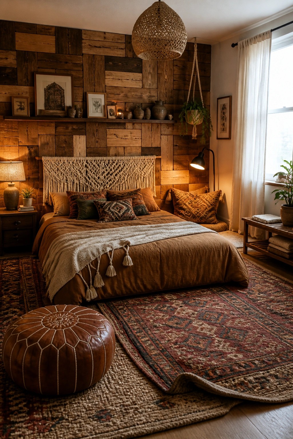 Cozy bedroom with macrame headboard, brown bedding, wooden wall, and leather pouf