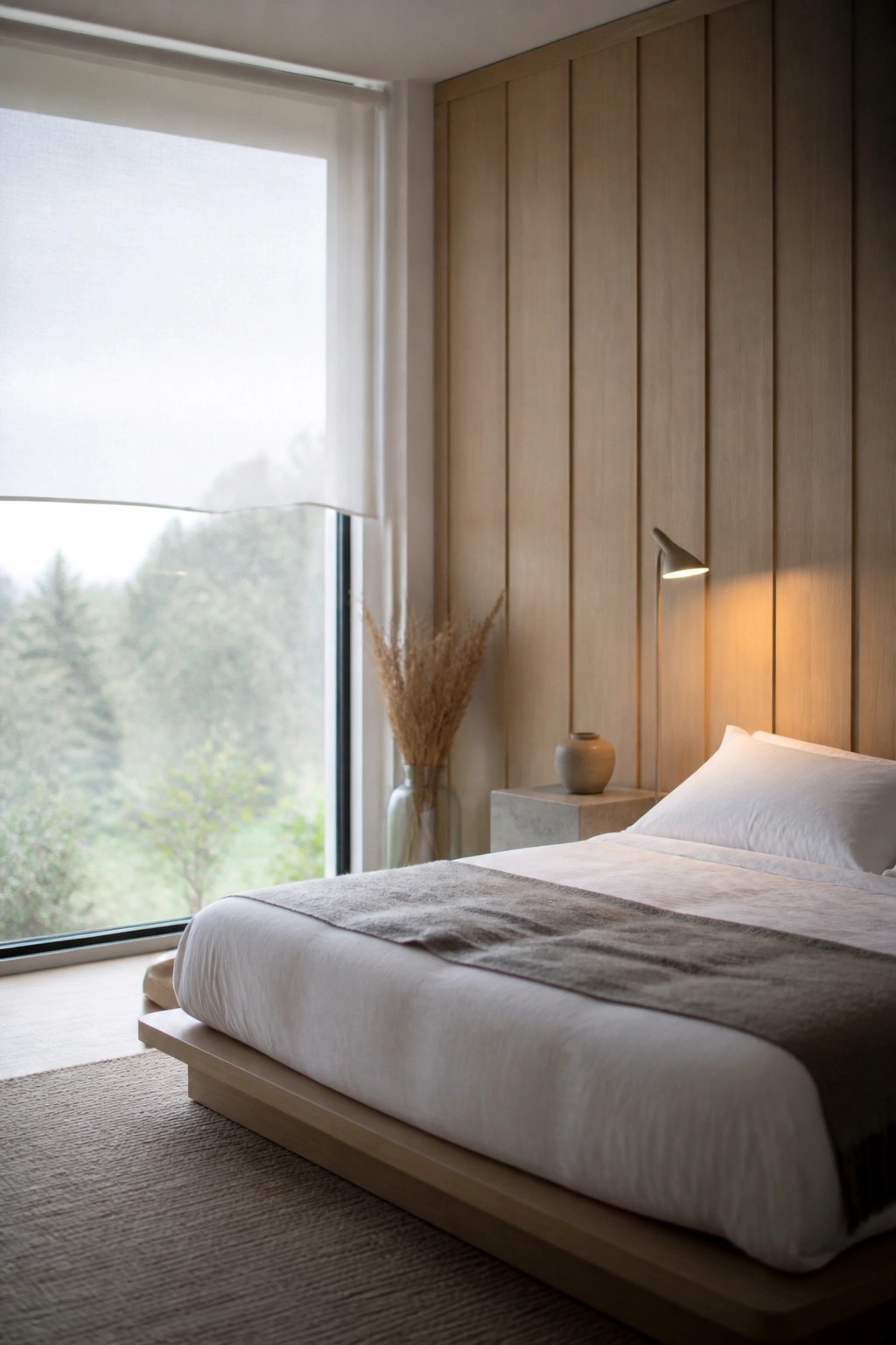 A modern bedroom with a light wood vertical panel accent wall behind a low platform bed with white bedding and a gray throw, next to a large window overlooking trees.