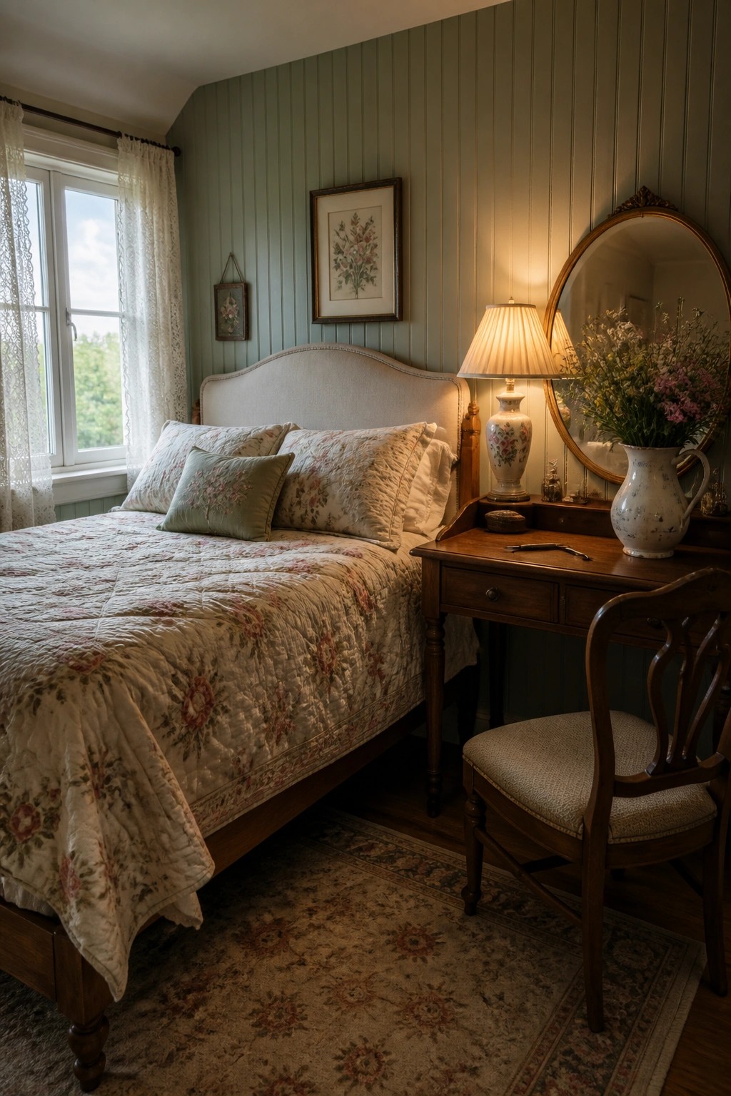 A bedroom with green vertical wood paneling on the walls, a wooden bed with floral bedding, and a wooden vanity table with mirror and lamp.