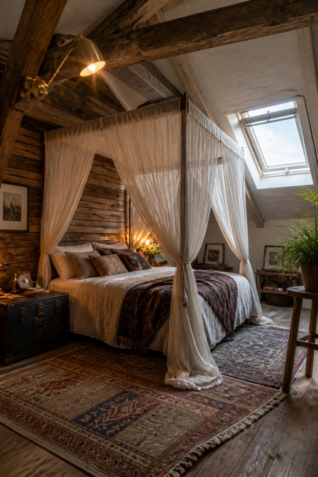 A bedroom featuring a canopy bed with white drapes positioned against a vertical wood plank accent wall, with layered rugs on the floor and a skylight in the ceiling.