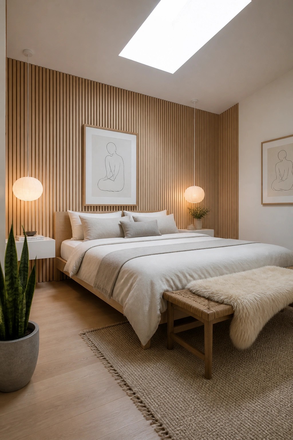 A bedroom with a vertical wood slat accent wall behind a bed dressed in white and beige linens, two pendant lights, and framed line art on the walls.