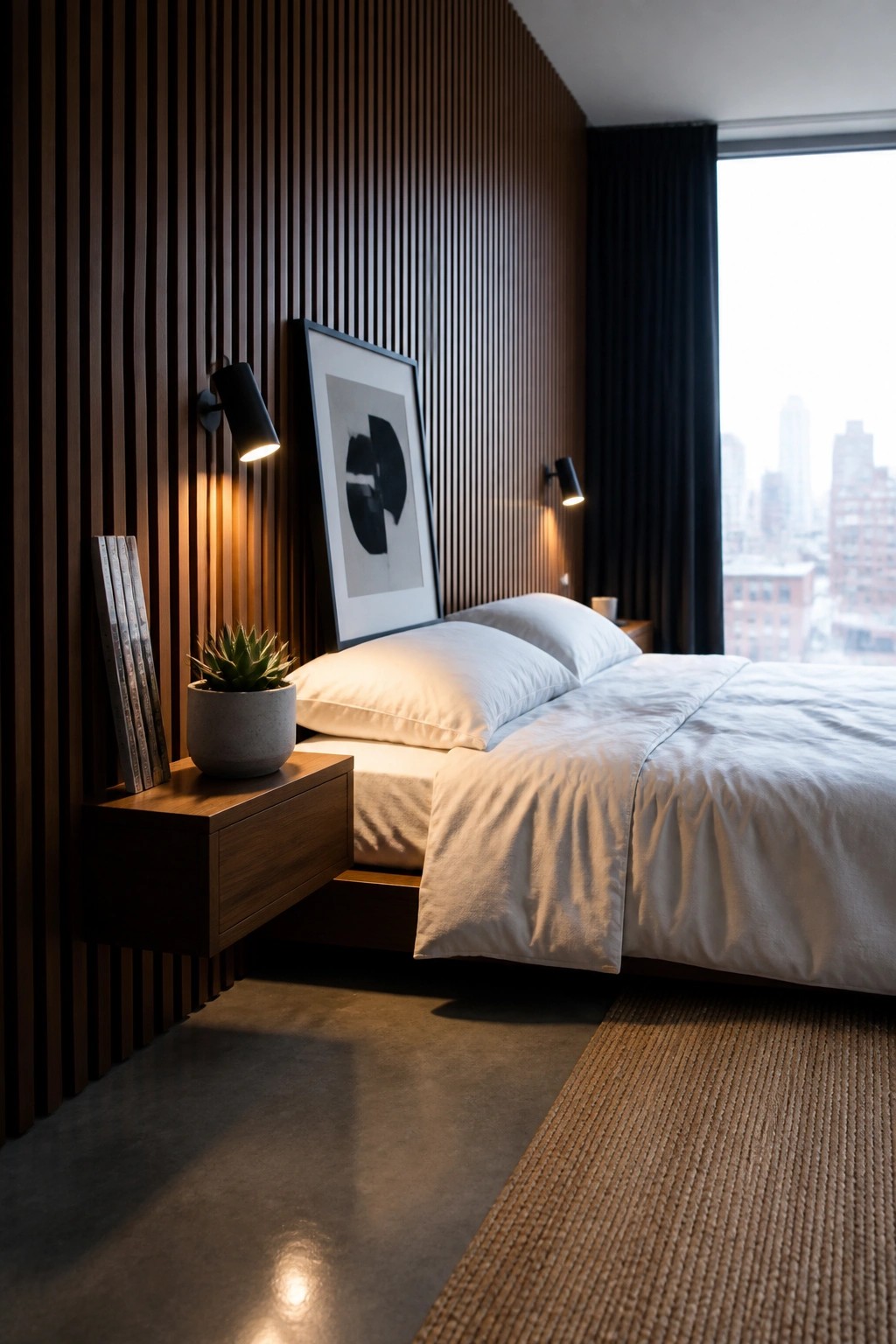 A bedroom with a dark vertical wood slat accent wall behind a bed with white bedding, two black wall sconces, and a large window showing a city view.