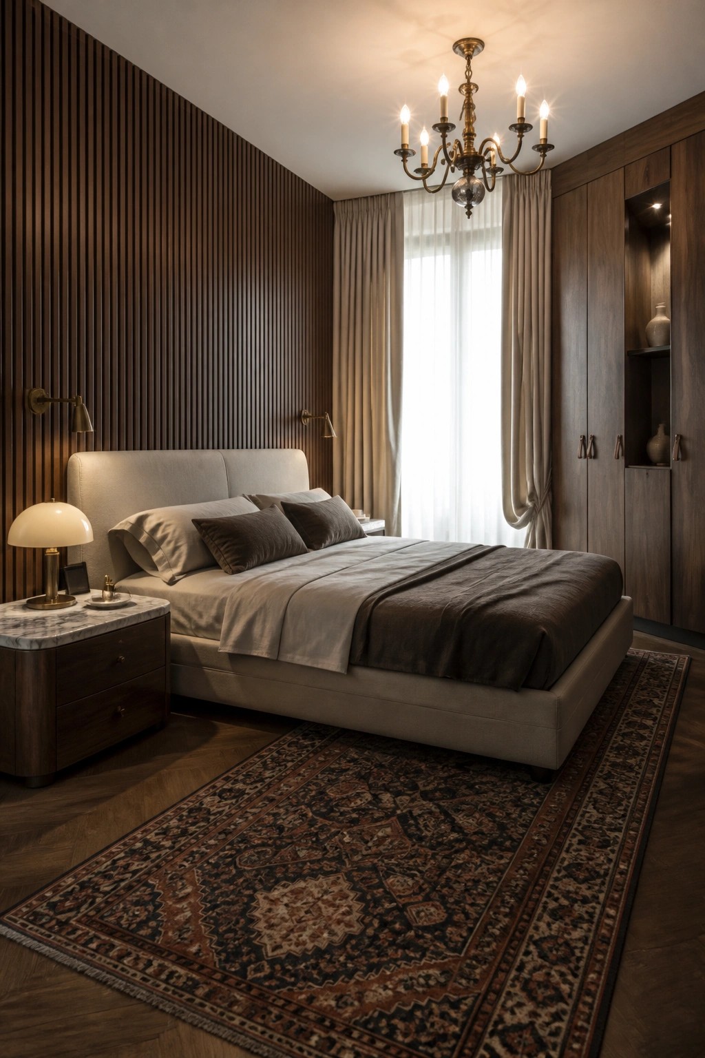 Luxurious bedroom with upholstered bed, chandelier, dark wood paneling, and patterned rug.