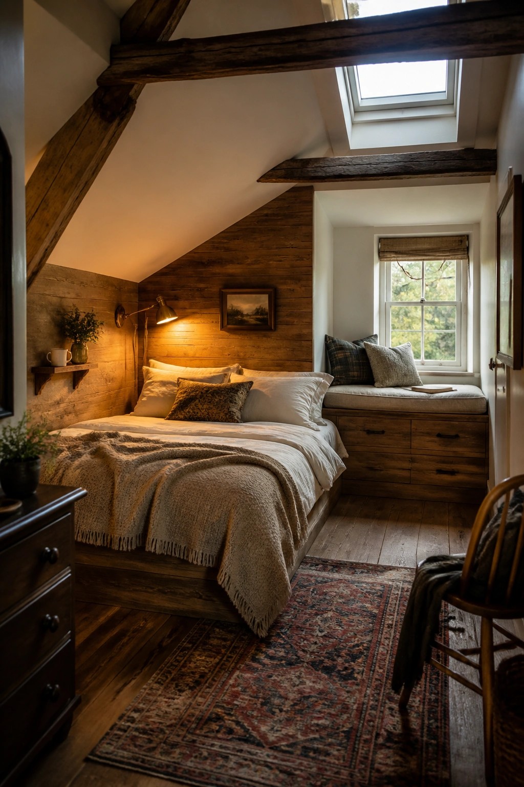A bedroom with a bed against a vertical wood plank accent wall, a lit wall sconce, a skylight overhead, and a window seat to the right.