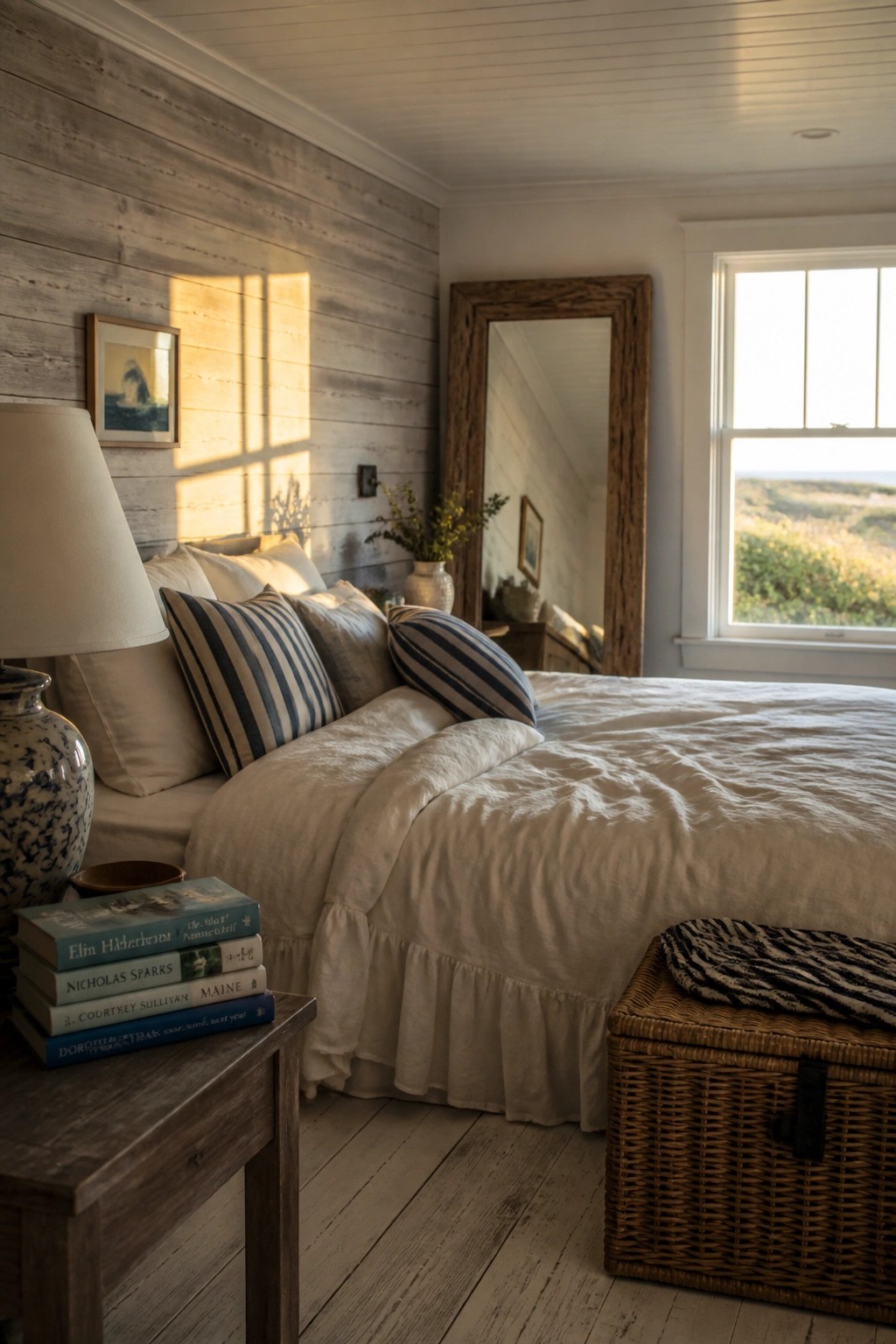 A bedroom with a weathered gray wood accent wall behind a bed with white linens and striped pillows, a wooden nightstand with books, a large mirror, and a window with a landscape view.