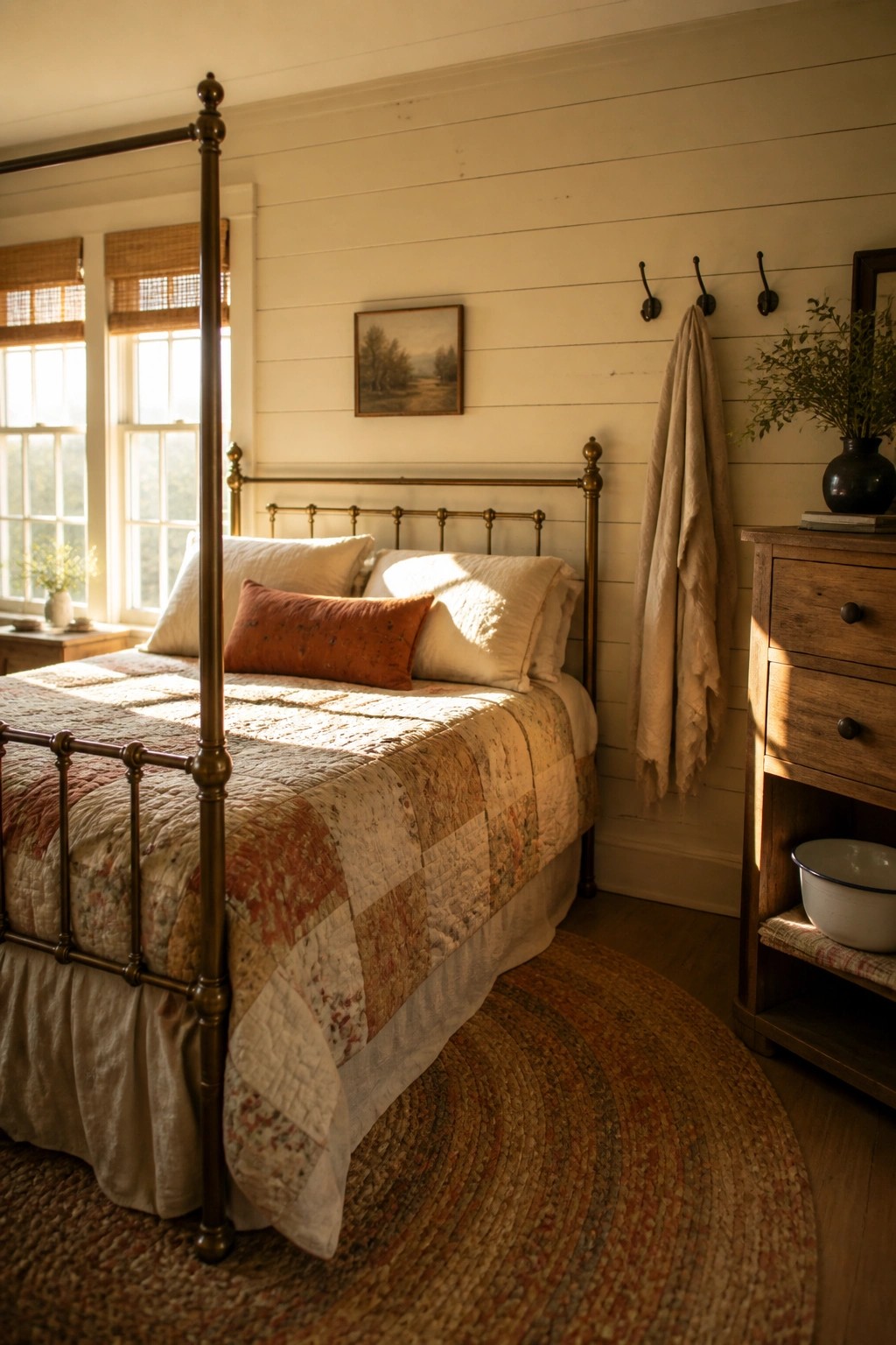 A bedroom featuring a brass bed with a patchwork quilt, white shiplap walls, a wooden dresser, and sunlight coming through two windows.
