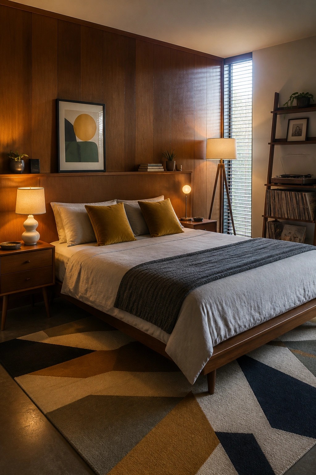 A bedroom featuring a tall vertical wood accent wall behind a bed with white and mustard bedding, flanked by wooden nightstands and lamps, with a geometric rug and a window with blinds visible.