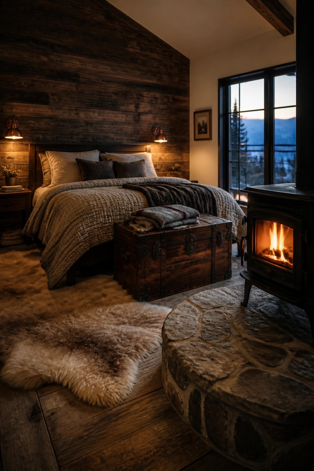 A bedroom with a dark wood plank accent wall behind the bed, a wooden trunk at the foot, a lit wood stove on the right, and a large window showing trees outside.